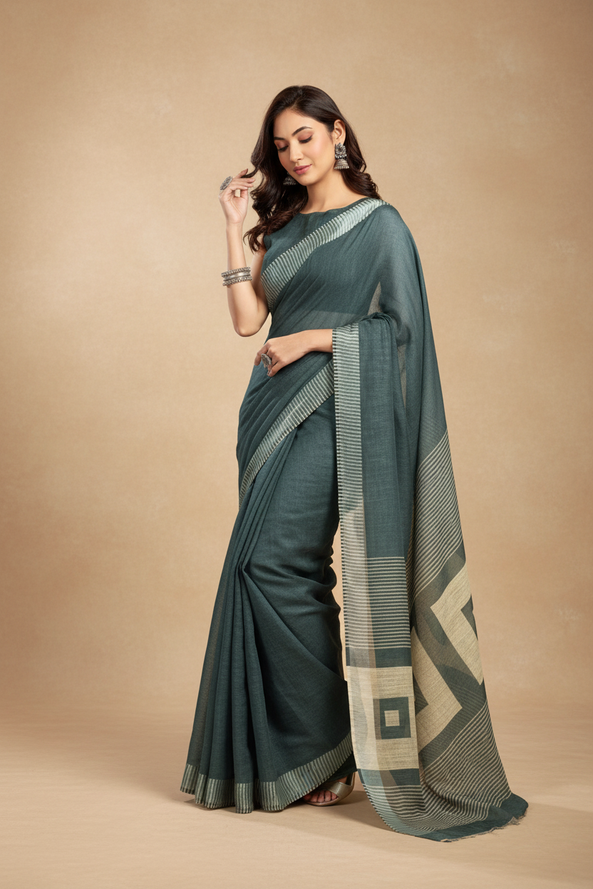 Snuggle Spot Women's Faux Linen Floral Ready to wear Saree With Unstitched Blouse 5.5Mtr (Light_Teal)