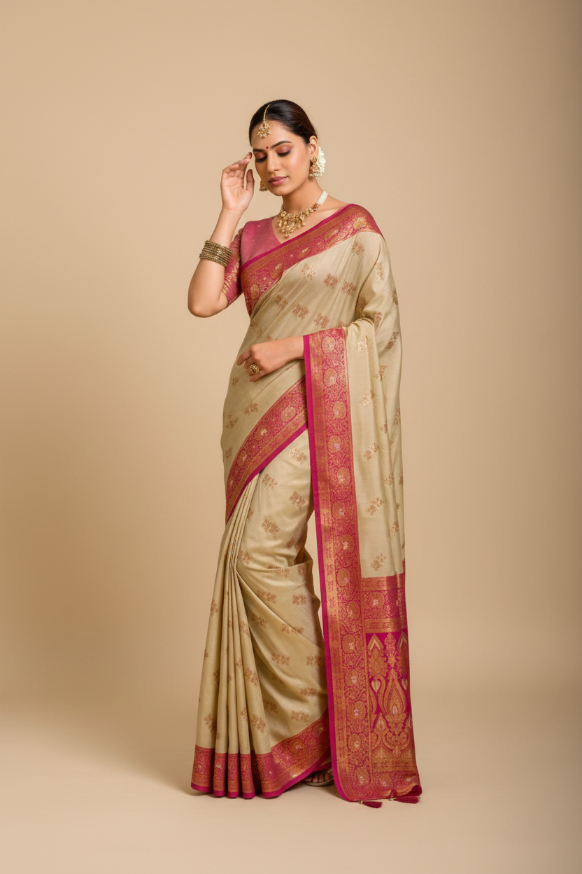 Snuggle Spot Women's Silk Blend Booti Work Ready to wear Saree With Unstitched Blouse 5.5Mtr (LightBeige)