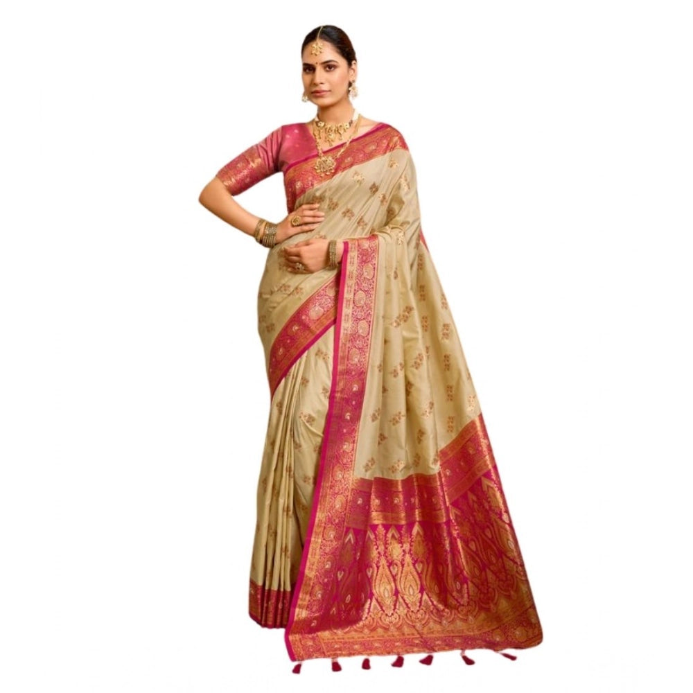 Snuggle Spot Women's Silk Blend Booti Work Ready to wear Saree With Unstitched Blouse 5.5Mtr (LightBeige)