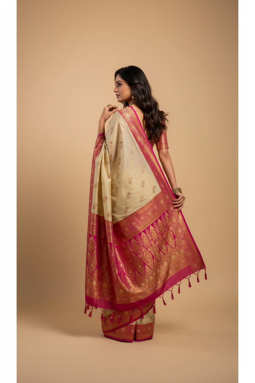 Snuggle Spot Women's Silk Blend Booti Work Ready to wear Saree With Unstitched Blouse 5.5Mtr (LightBeige)
