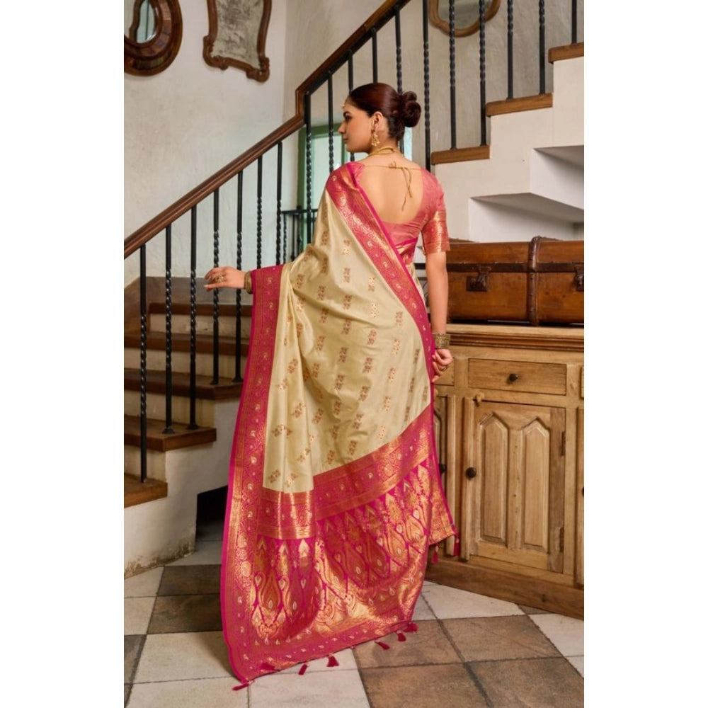 Snuggle Spot Women's Silk Blend Booti Work Ready to wear Saree With Unstitched Blouse 5.5Mtr (LightBeige)