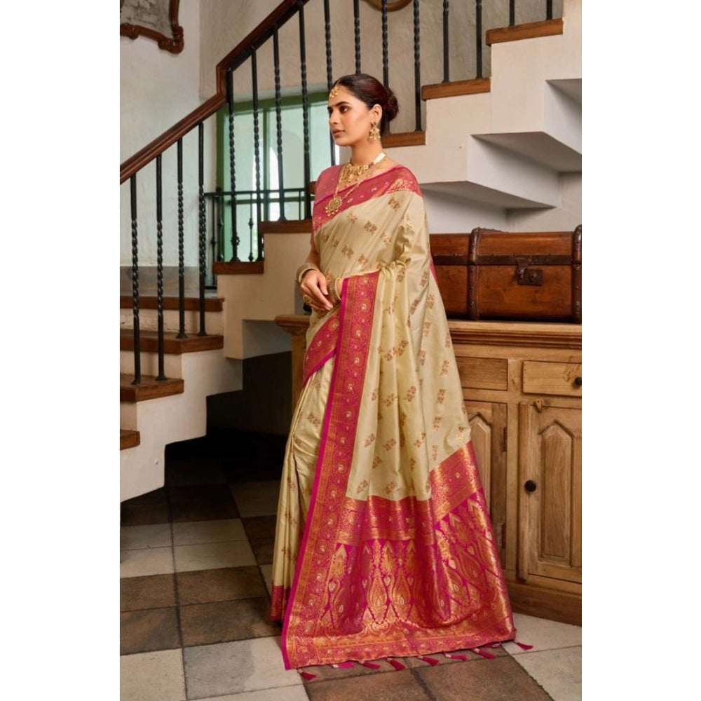 Snuggle Spot Women's Silk Blend Booti Work Ready to wear Saree With Unstitched Blouse 5.5Mtr (LightBeige)