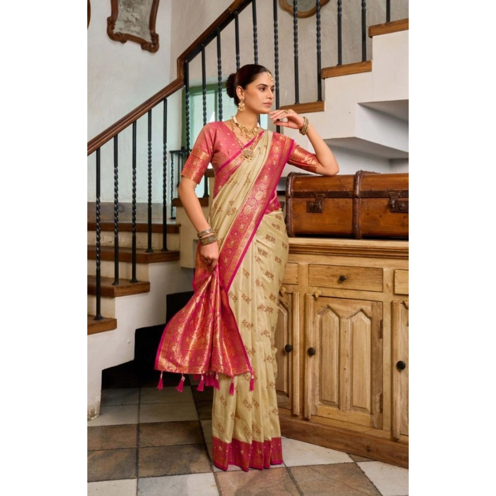 Snuggle Spot Women's Silk Blend Booti Work Ready to wear Saree With Unstitched Blouse 5.5Mtr (LightBeige)