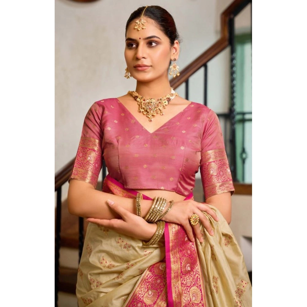 Snuggle Spot Women's Silk Blend Booti Work Ready to wear Saree With Unstitched Blouse 5.5Mtr (LightBeige)