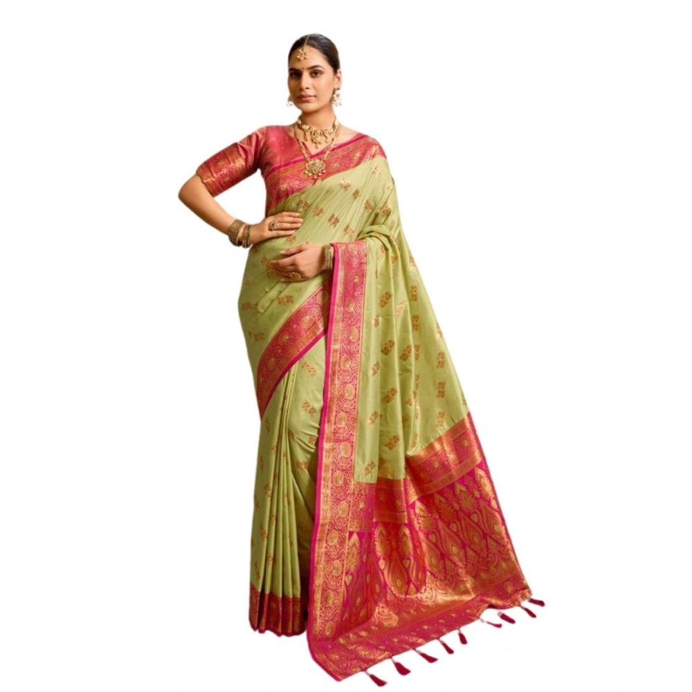Snuggle Spot Women's Silk Blend Booti Work Ready to wear Saree With Unstitched Blouse 5.5Mtr (Green)