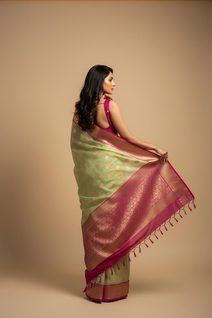 Snuggle Spot Women's Silk Blend Booti Work Ready to wear Saree With Unstitched Blouse 5.5Mtr (Green)