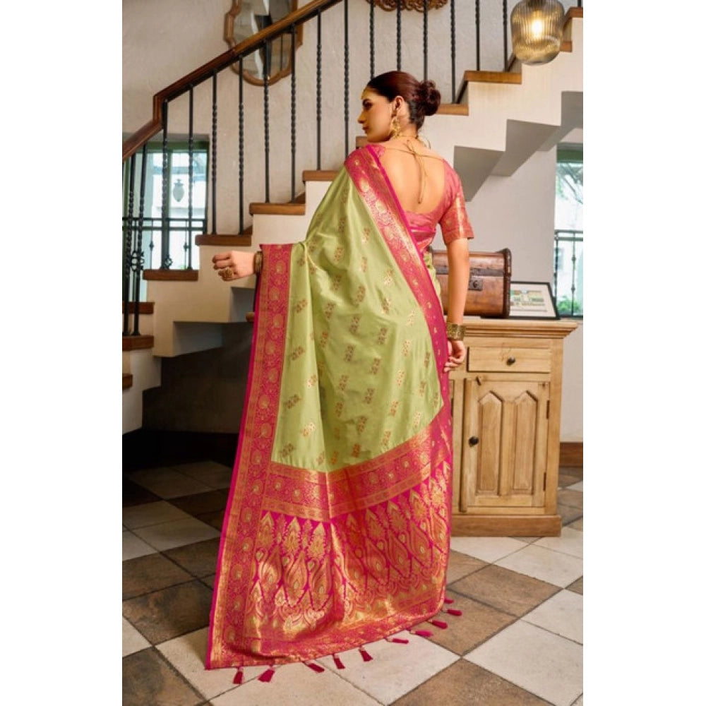 Snuggle Spot Women's Silk Blend Booti Work Ready to wear Saree With Unstitched Blouse 5.5Mtr (Green)