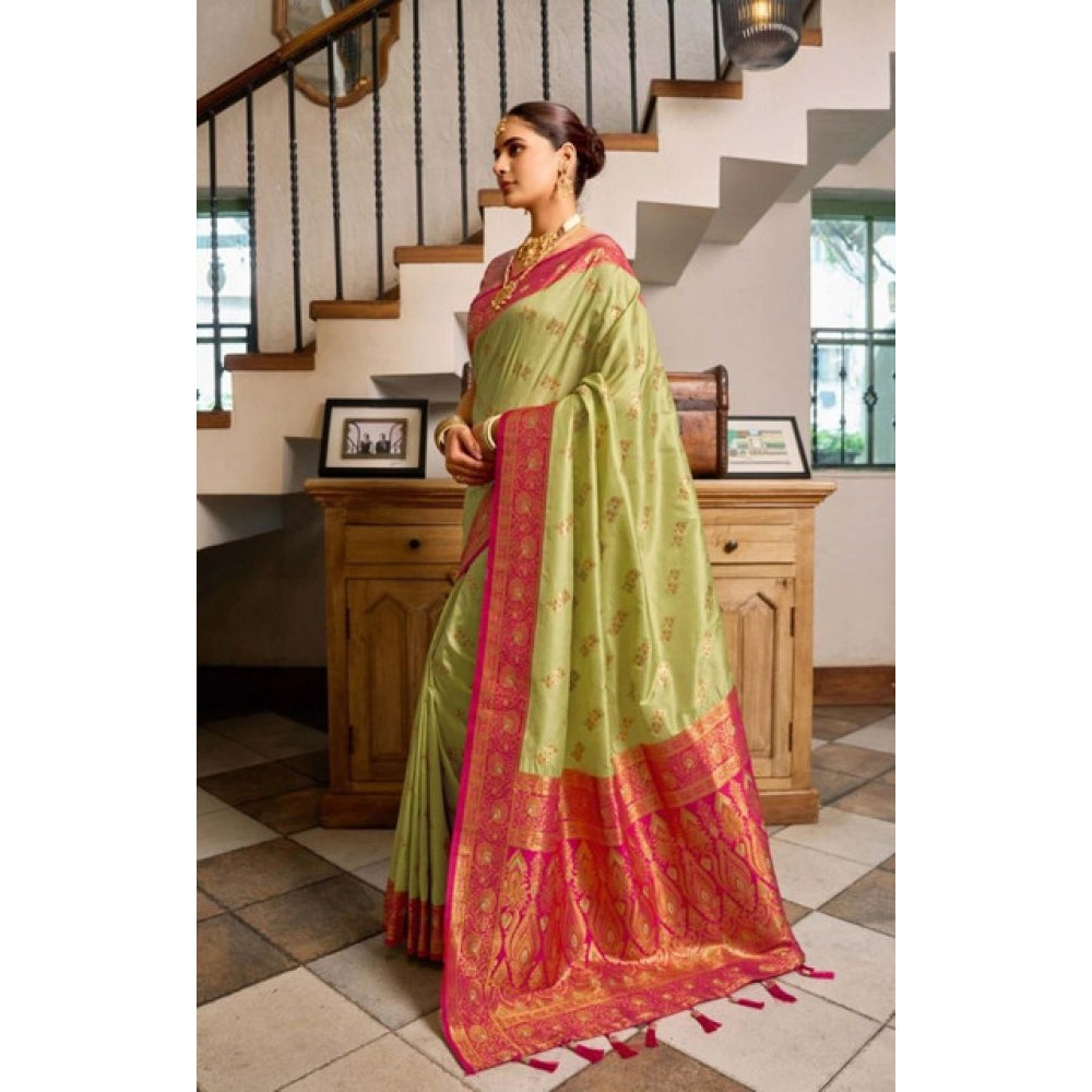 Snuggle Spot Women's Silk Blend Booti Work Ready to wear Saree With Unstitched Blouse 5.5Mtr (Green)