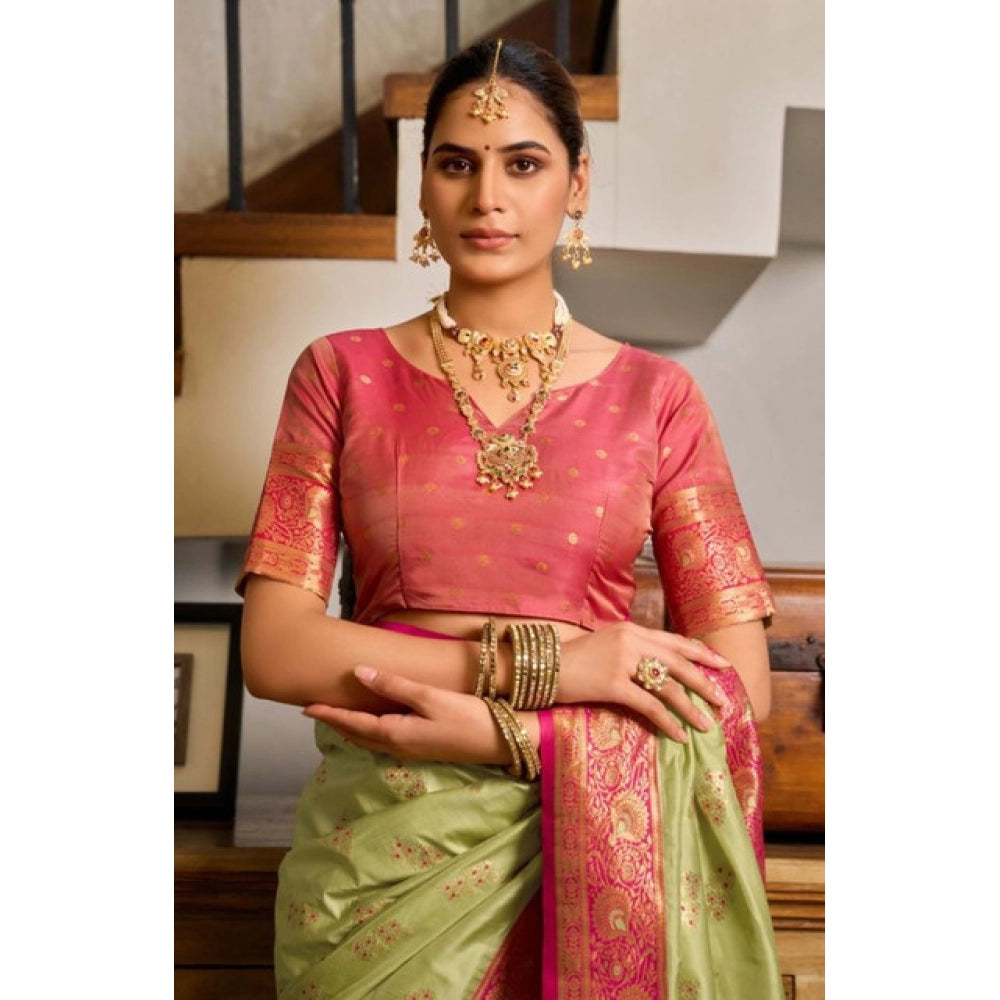 Snuggle Spot Women's Silk Blend Booti Work Ready to wear Saree With Unstitched Blouse 5.5Mtr (Green)