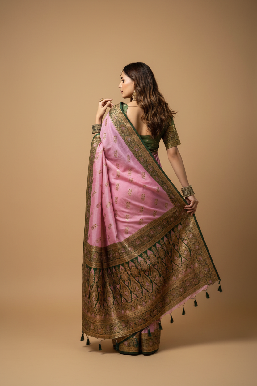 Snuggle Spot Women's Silk Blend Booti Work Ready to wear Saree With Unstitched Blouse 5.5Mtr (LightPink)
