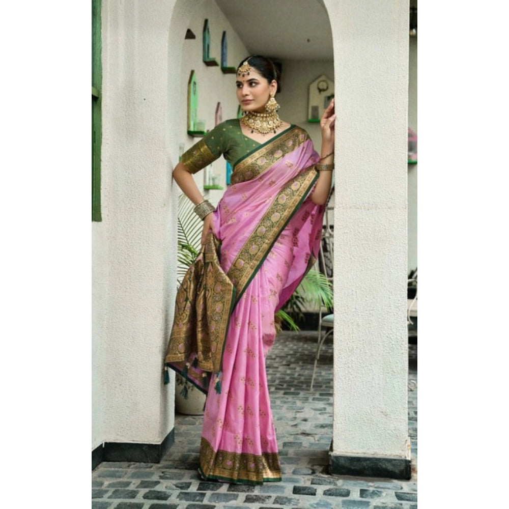 Snuggle Spot Women's Silk Blend Booti Work Ready to wear Saree With Unstitched Blouse 5.5Mtr (LightPink)
