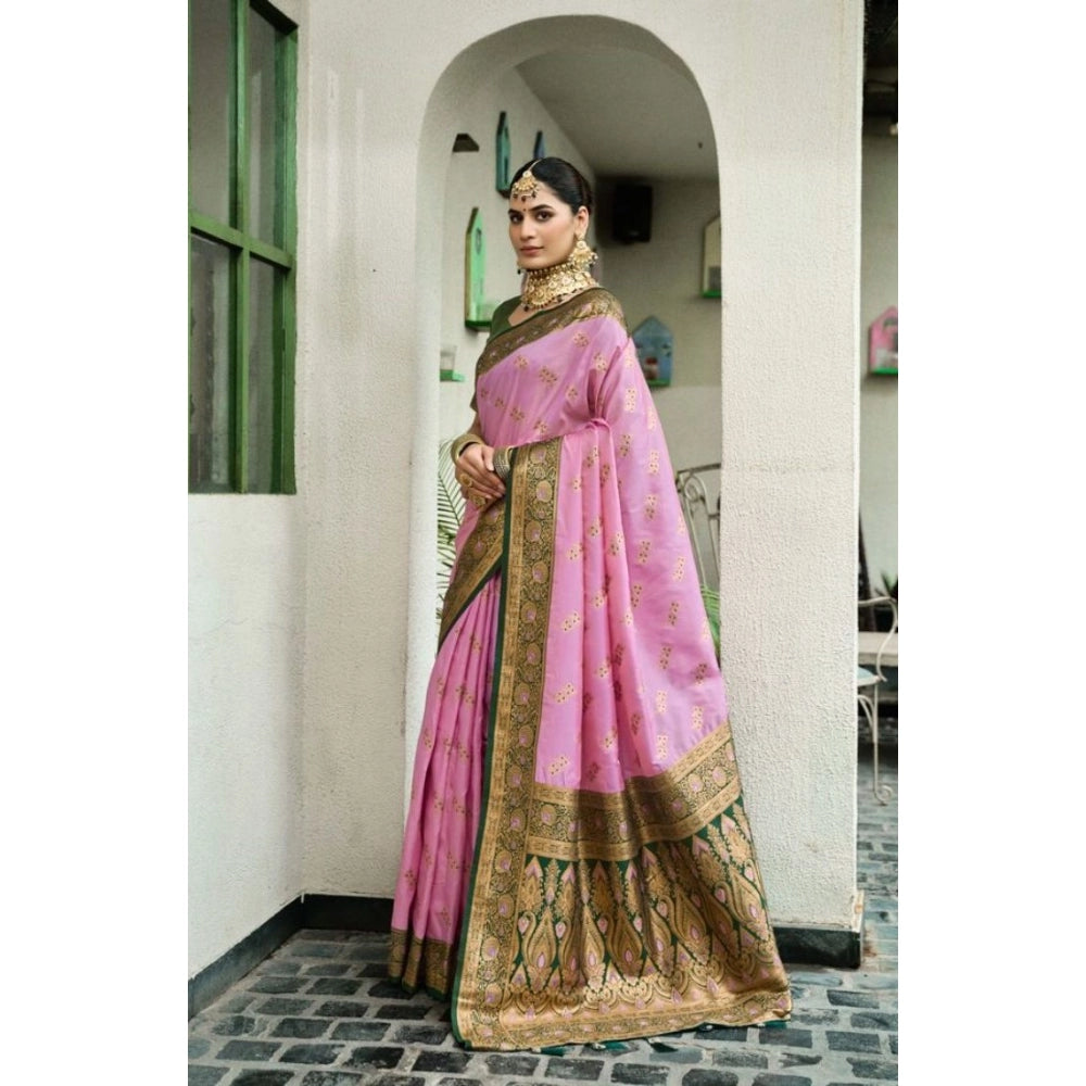 Snuggle Spot Women's Silk Blend Booti Work Ready to wear Saree With Unstitched Blouse 5.5Mtr (LightPink)