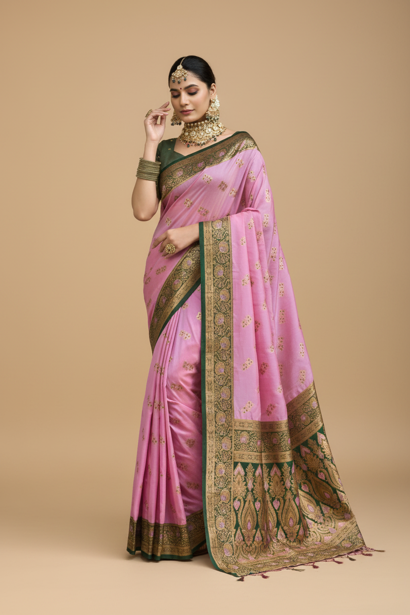 Snuggle Spot Women's Silk Blend Booti Work Ready to wear Saree With Unstitched Blouse 5.5Mtr (LightPink)