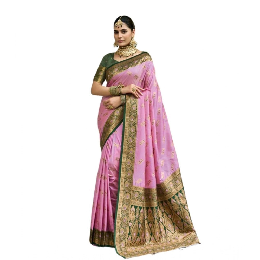 Snuggle Spot Women's Silk Blend Booti Work Ready to wear Saree With Unstitched Blouse 5.5Mtr (LightPink)