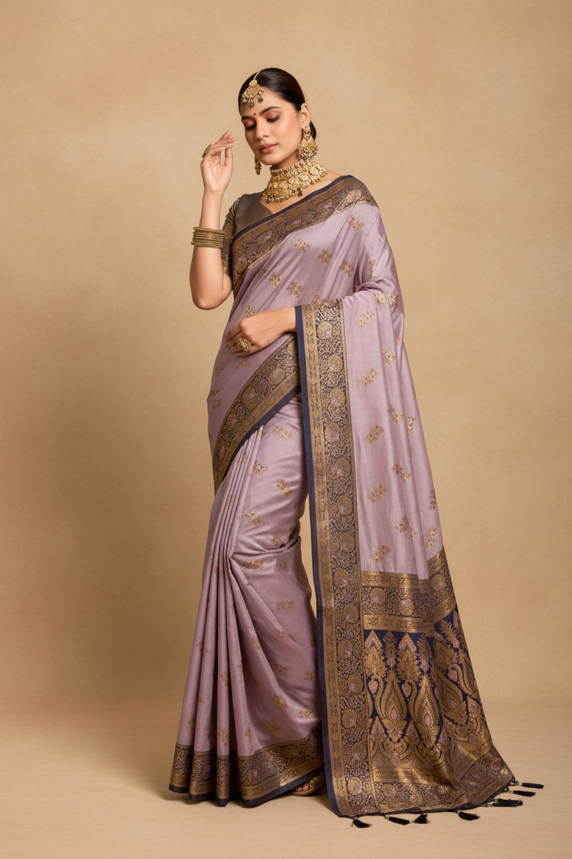 Snuggle Spot Women's Silk Blend Booti Work Ready to wear Saree With Unstitched Blouse 5.5Mtr (Lavender)