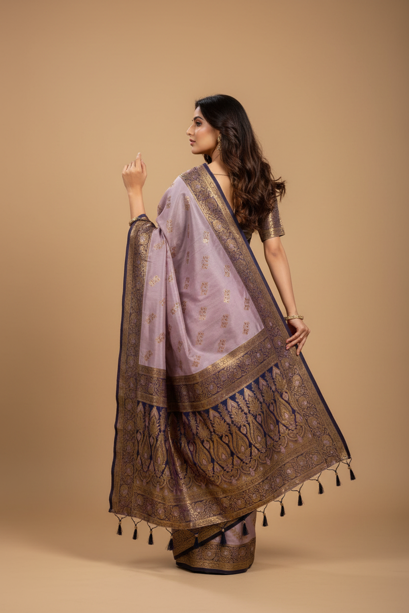 Snuggle Spot Women's Silk Blend Booti Work Ready to wear Saree With Unstitched Blouse 5.5Mtr (Lavender)