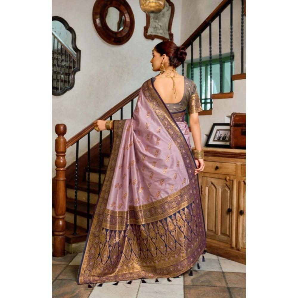 Snuggle Spot Women's Silk Blend Booti Work Ready to wear Saree With Unstitched Blouse 5.5Mtr (Lavender)