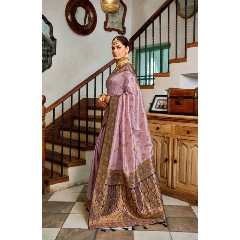 Snuggle Spot Women's Silk Blend Booti Work Ready to wear Saree With Unstitched Blouse 5.5Mtr (Lavender)