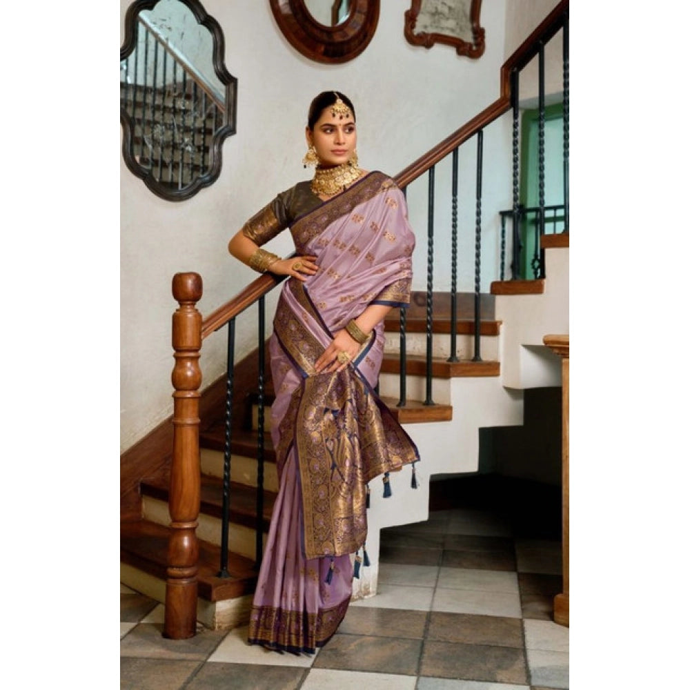 Snuggle Spot Women's Silk Blend Booti Work Ready to wear Saree With Unstitched Blouse 5.5Mtr (Lavender)