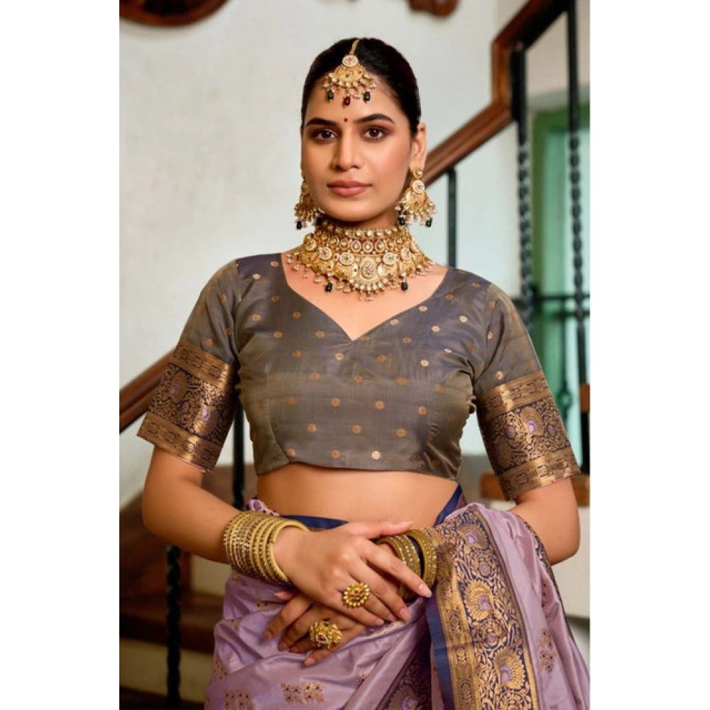 Snuggle Spot Women's Silk Blend Booti Work Ready to wear Saree With Unstitched Blouse 5.5Mtr (Lavender)