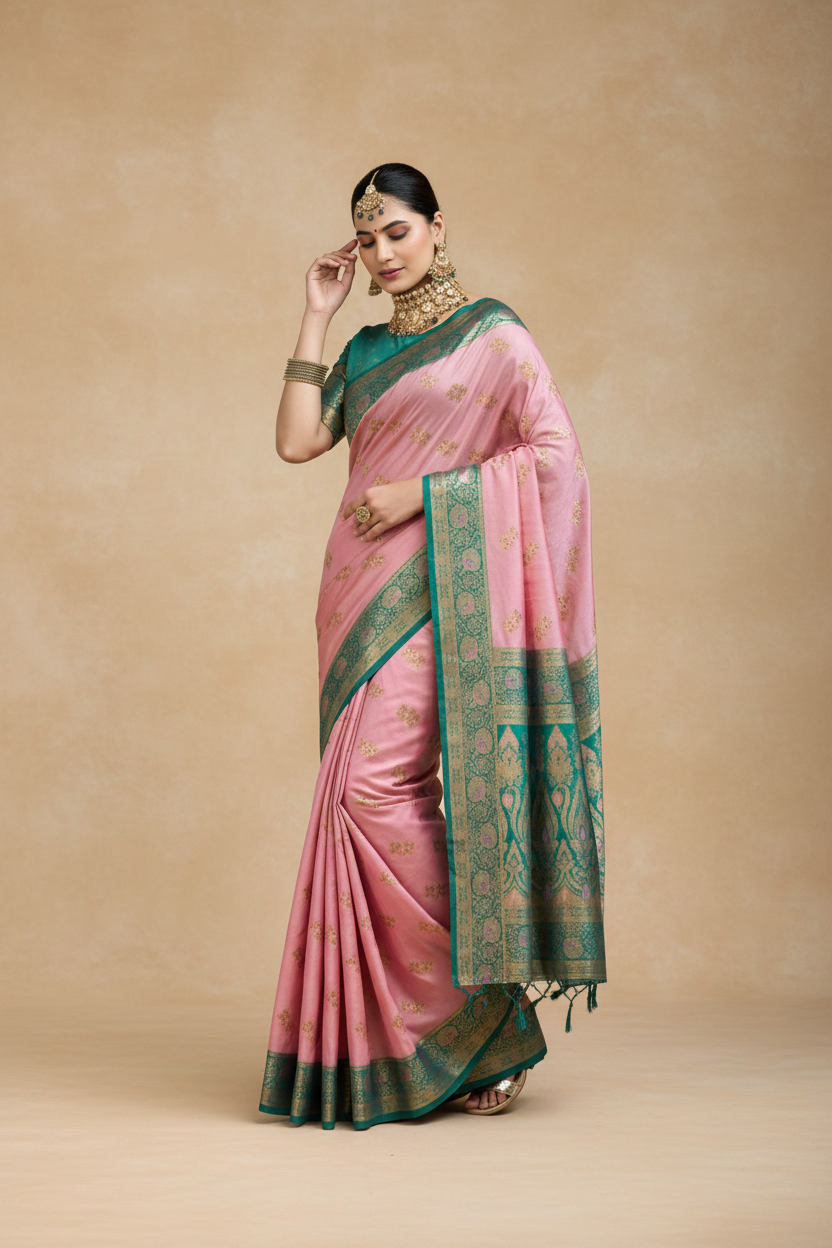 Snuggle Spot Women's Silk Blend Booti Work Ready to wear Saree With Unstitched Blouse 5.5Mtr (Peach)