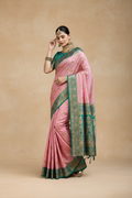 Snuggle Spot Women's Silk Blend Booti Work Ready to wear Saree With Unstitched Blouse 5.5Mtr (Peach)