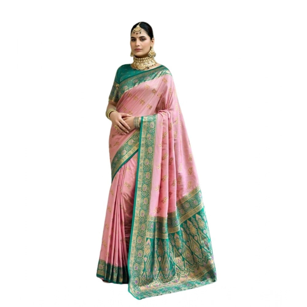 Snuggle Spot Women's Silk Blend Booti Work Ready to wear Saree With Unstitched Blouse 5.5Mtr (Peach)
