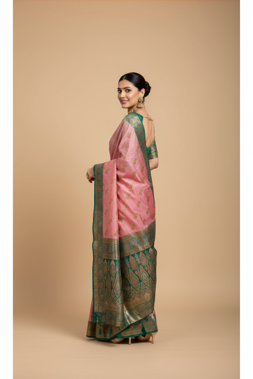 Snuggle Spot Women's Silk Blend Booti Work Ready to wear Saree With Unstitched Blouse 5.5Mtr (Peach)