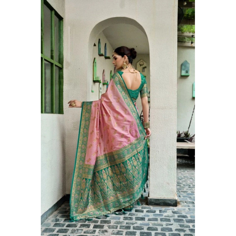Snuggle Spot Women's Silk Blend Booti Work Ready to wear Saree With Unstitched Blouse 5.5Mtr (Peach)