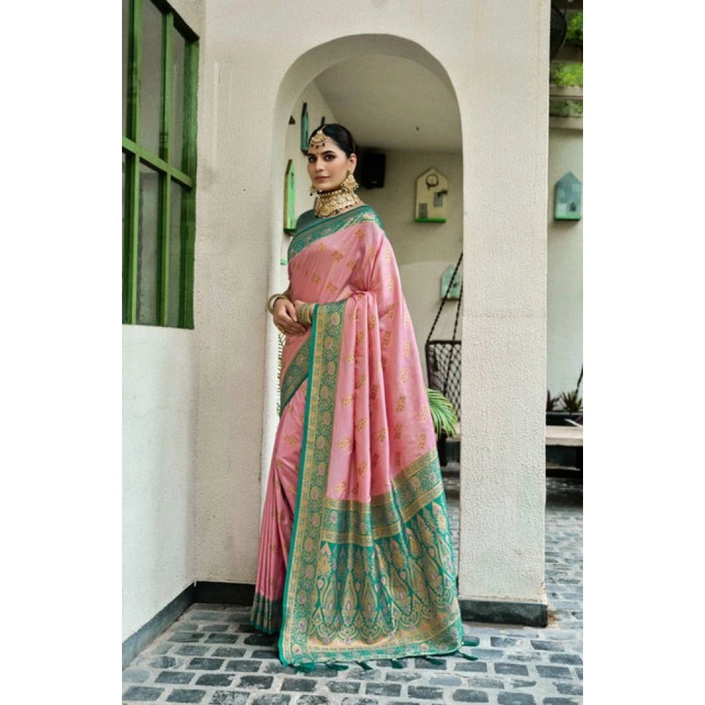 Snuggle Spot Women's Silk Blend Booti Work Ready to wear Saree With Unstitched Blouse 5.5Mtr (Peach)