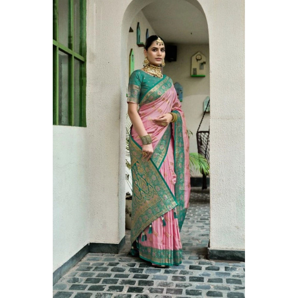 Snuggle Spot Women's Silk Blend Booti Work Ready to wear Saree With Unstitched Blouse 5.5Mtr (Peach)