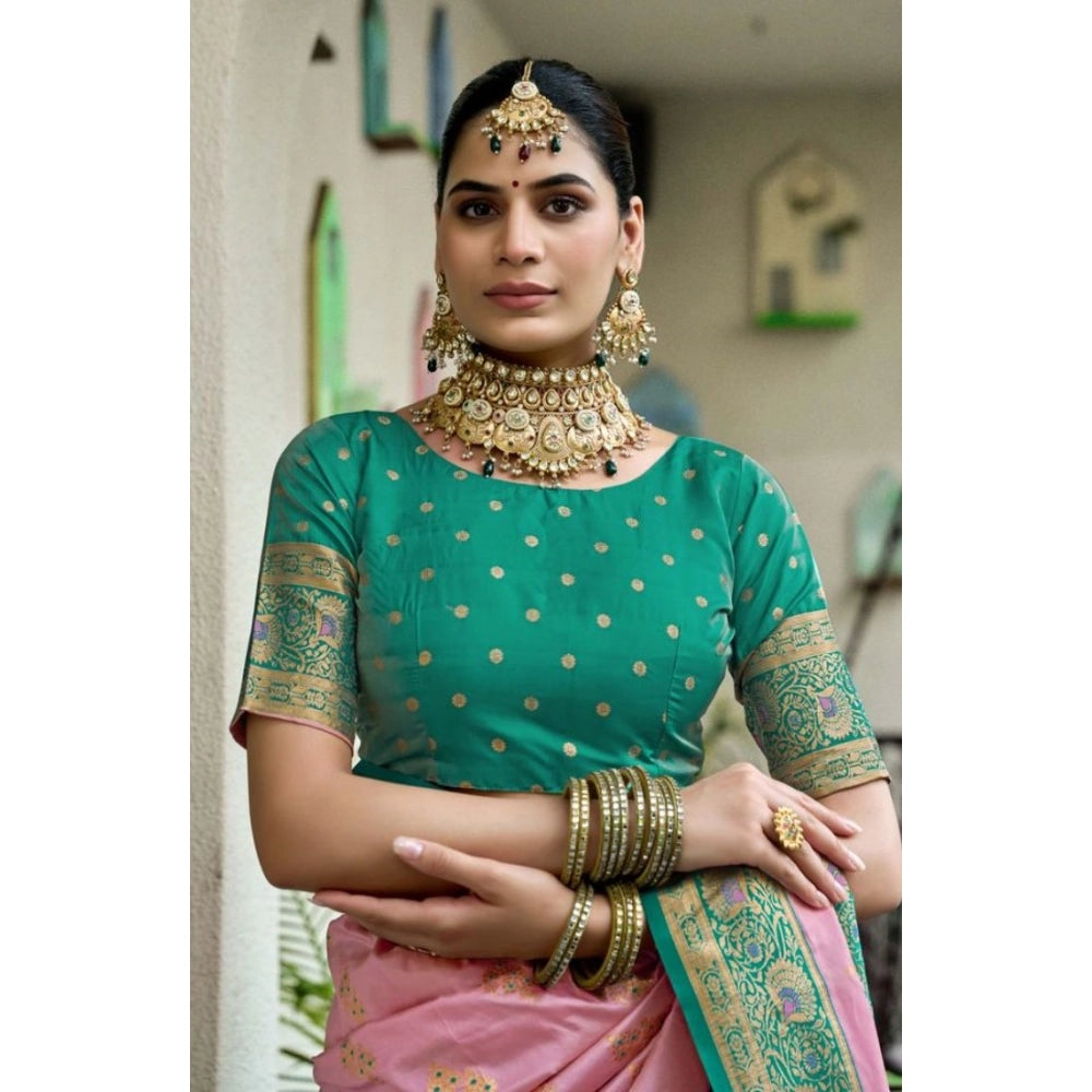 Snuggle Spot Women's Silk Blend Booti Work Ready to wear Saree With Unstitched Blouse 5.5Mtr (Peach)