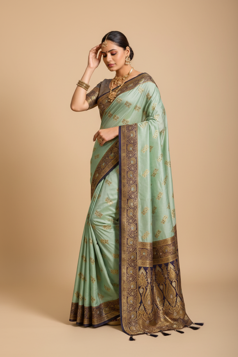 Snuggle Spot Women's Silk Blend Booti Work Ready to wear Saree With Unstitched Blouse 5.5Mtr (SeaGreen)