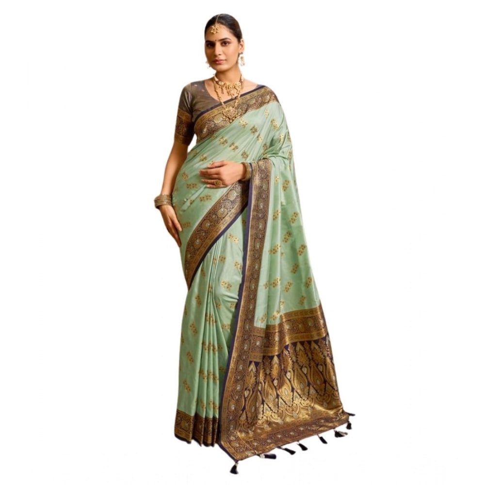 Snuggle Spot Women's Silk Blend Booti Work Ready to wear Saree With Unstitched Blouse 5.5Mtr (SeaGreen)