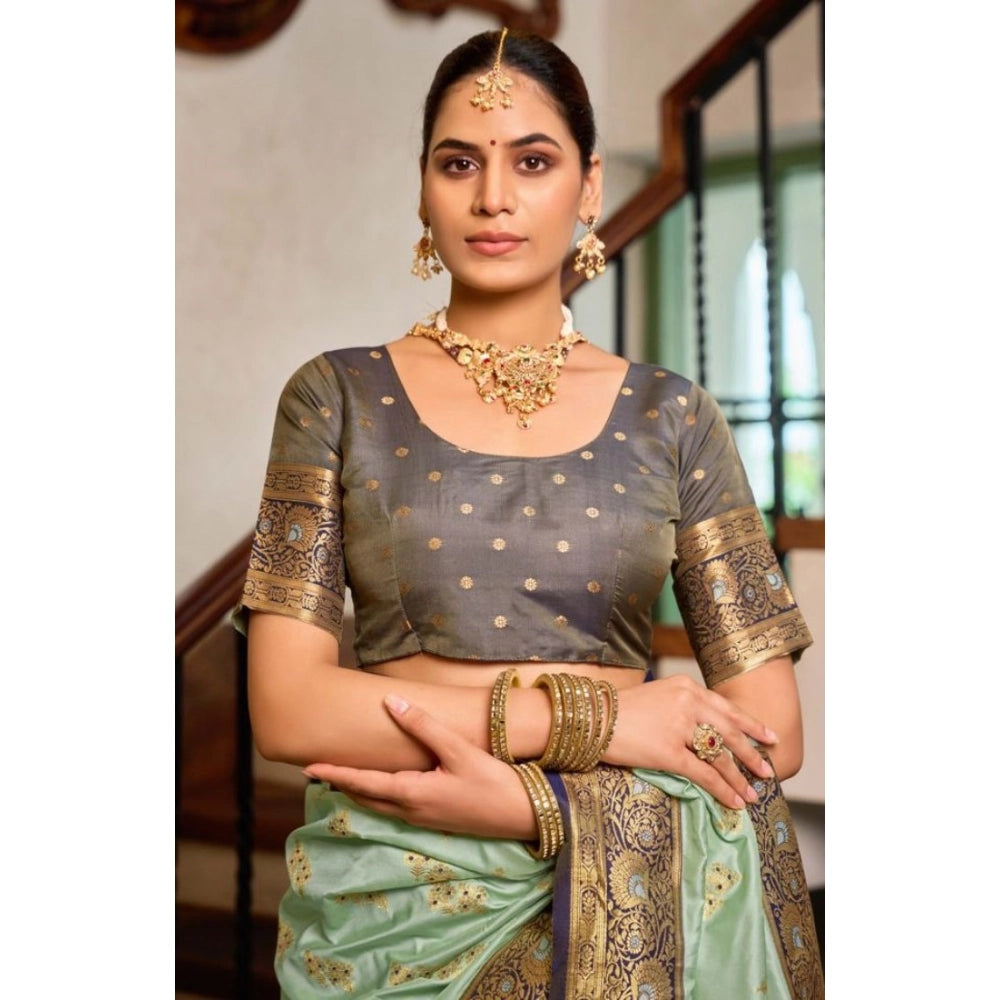 Snuggle Spot Women's Silk Blend Booti Work Ready to wear Saree With Unstitched Blouse 5.5Mtr (SeaGreen)