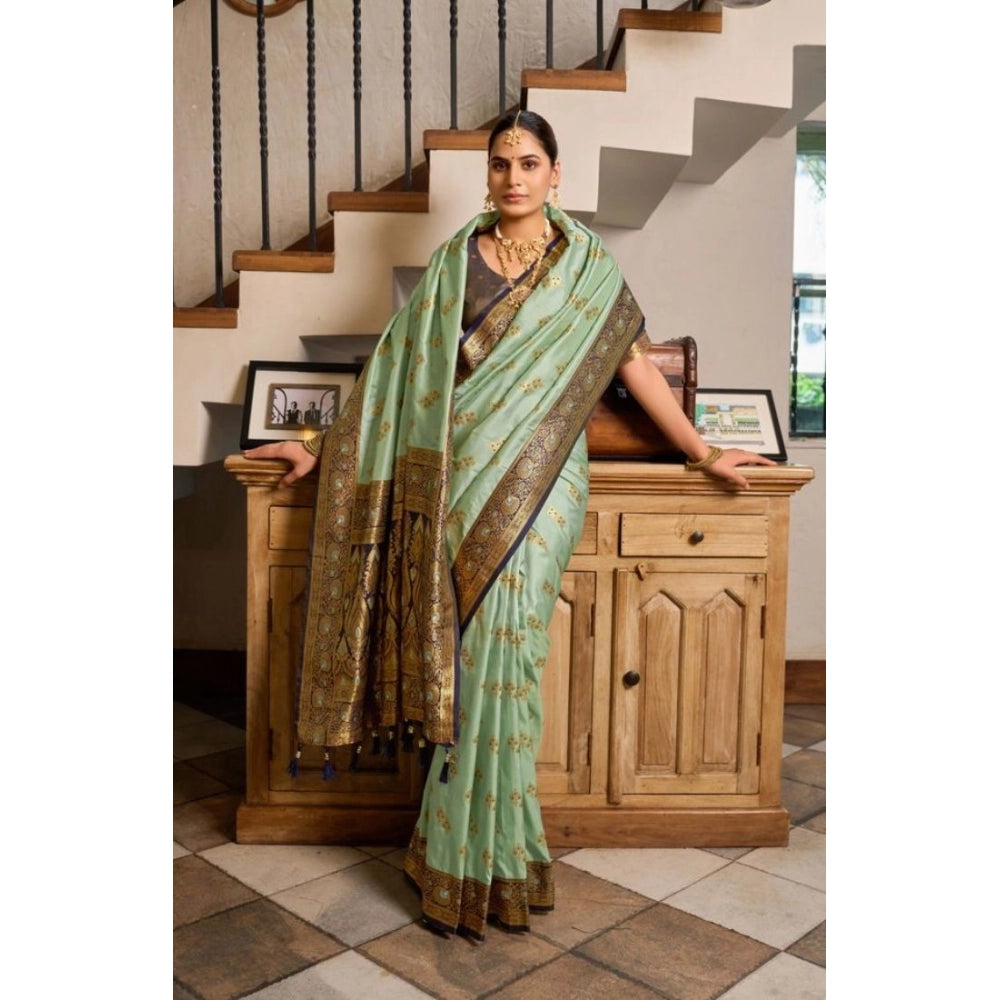 Snuggle Spot Women's Silk Blend Booti Work Ready to wear Saree With Unstitched Blouse 5.5Mtr (SeaGreen)