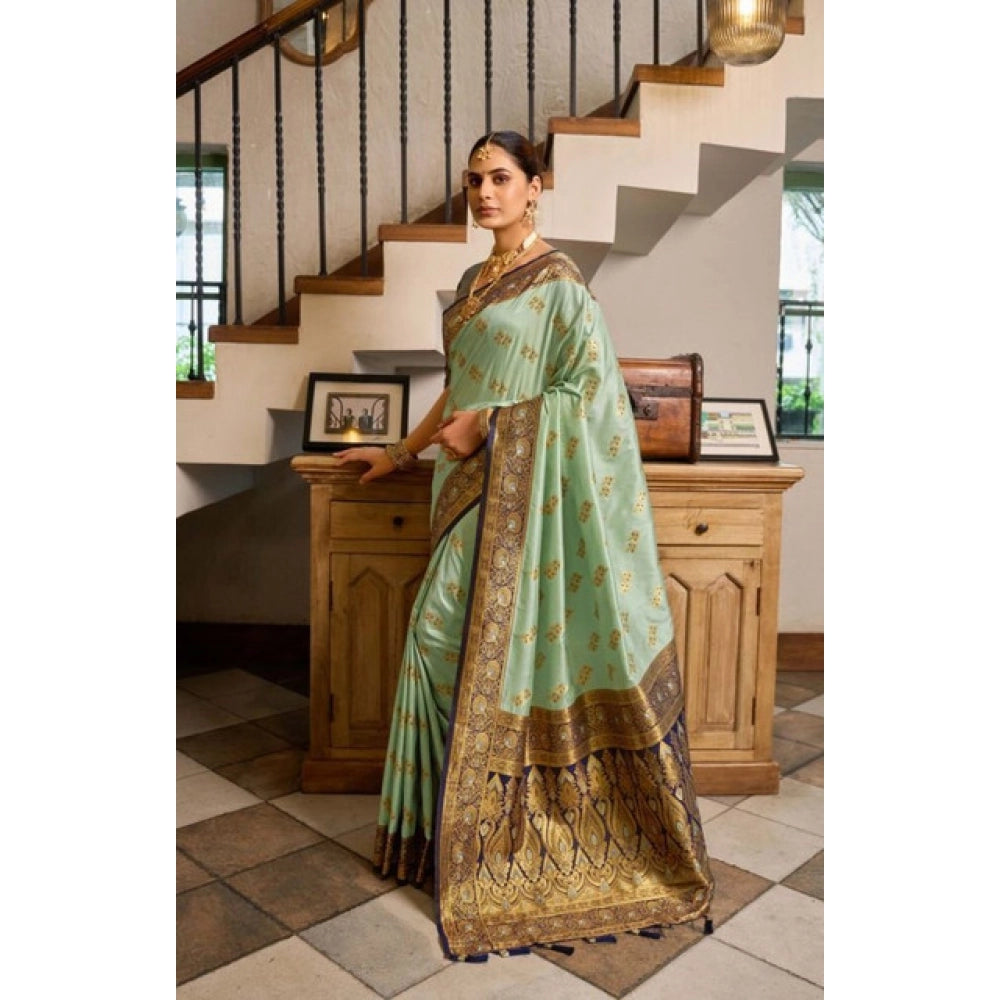 Snuggle Spot Women's Silk Blend Booti Work Ready to wear Saree With Unstitched Blouse 5.5Mtr (SeaGreen)