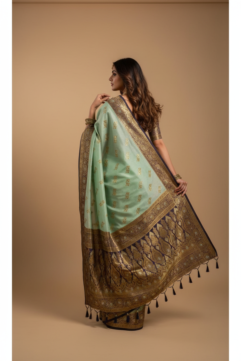 Snuggle Spot Women's Silk Blend Booti Work Ready to wear Saree With Unstitched Blouse 5.5Mtr (SeaGreen)