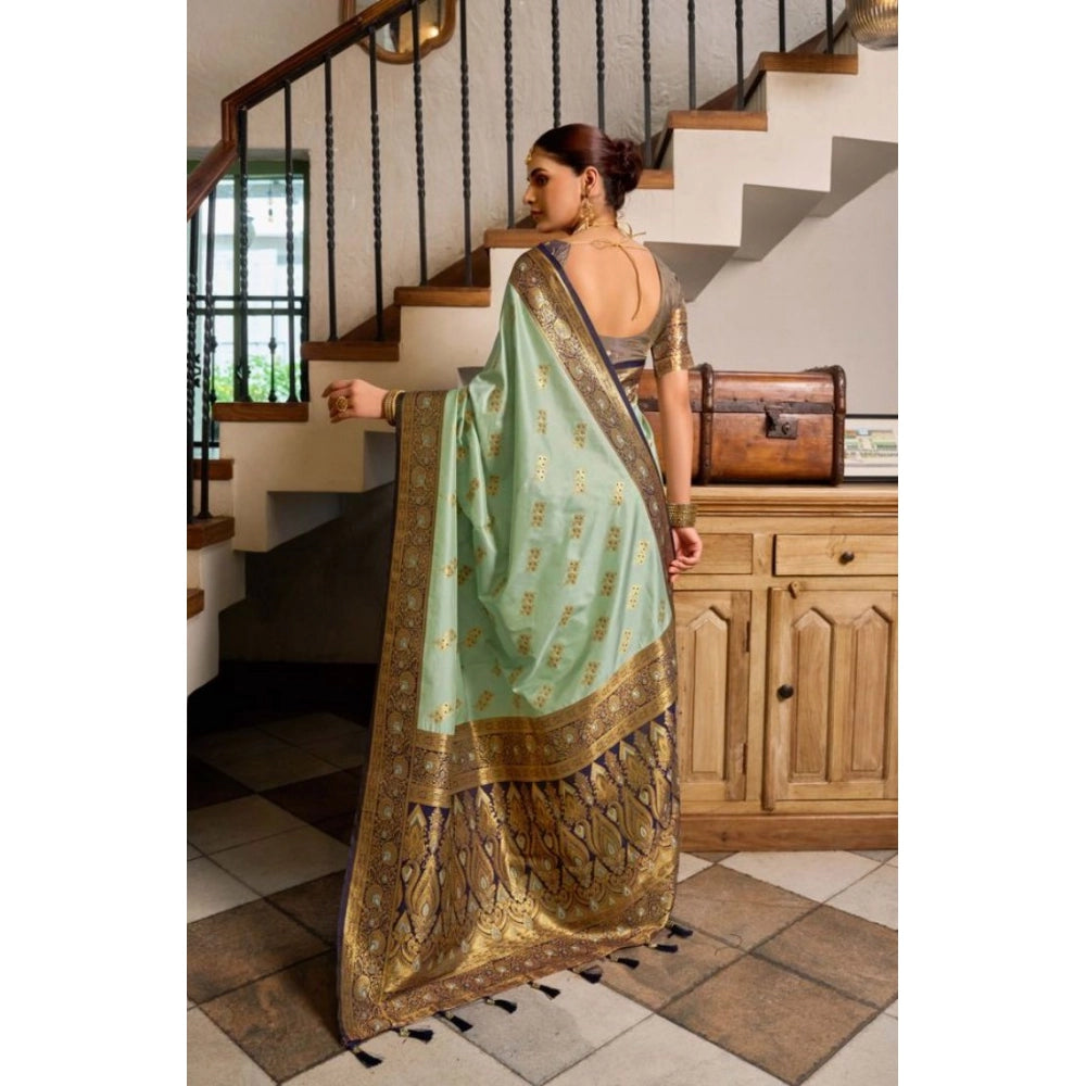 Snuggle Spot Women's Silk Blend Booti Work Ready to wear Saree With Unstitched Blouse 5.5Mtr (SeaGreen)