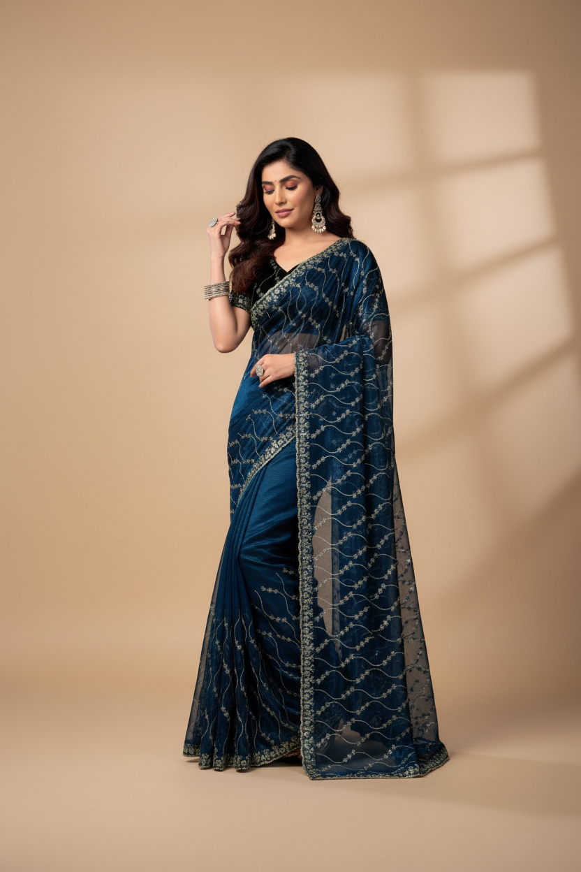 Snuggle Spot Women's Net Sequence Saree With Unstitched Blouse 5.5Mtr (Blue)