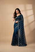Snuggle Spot Women's Net Sequence Saree With Unstitched Blouse 5.5Mtr (Blue)