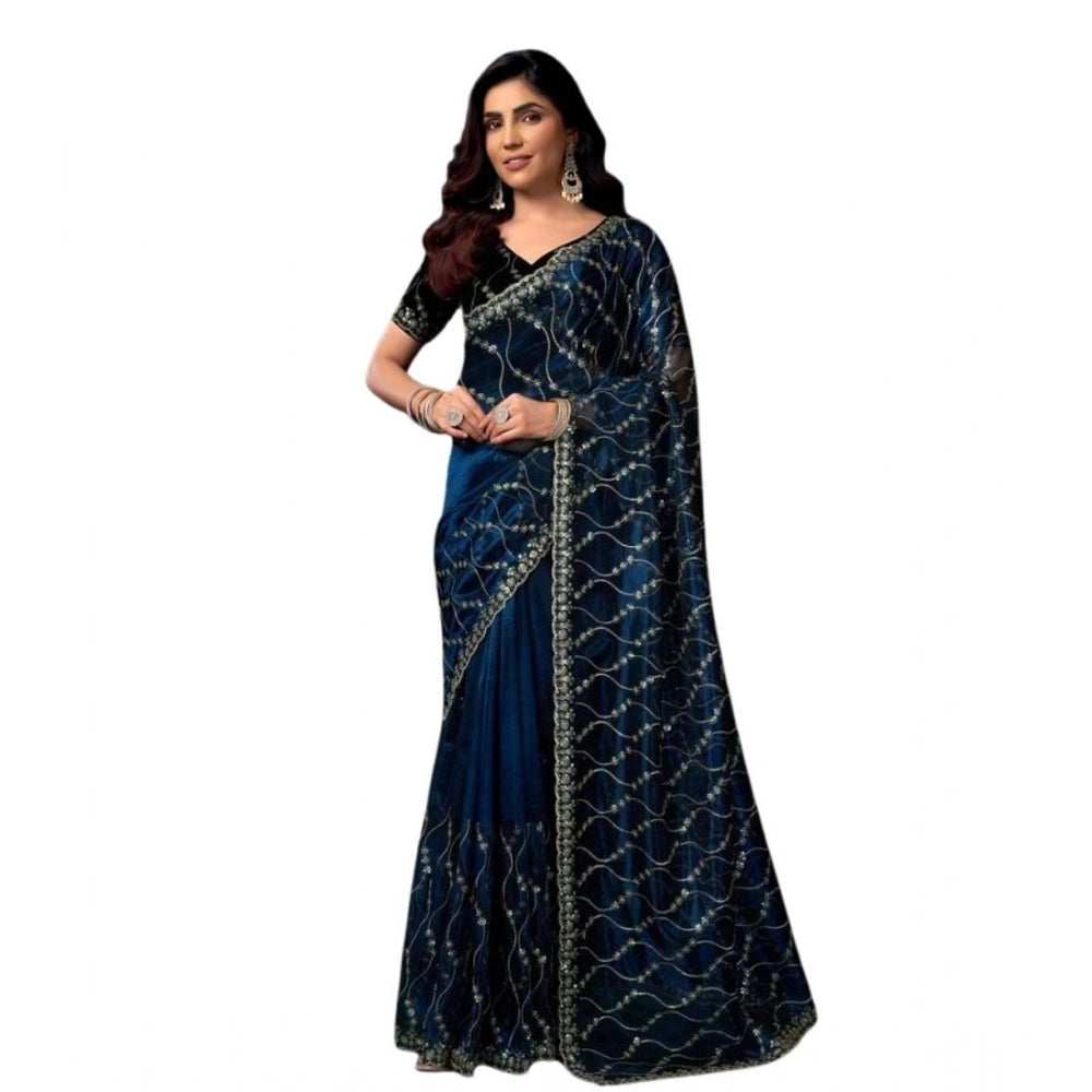 Snuggle Spot Women's Net Sequence Saree With Unstitched Blouse 5.5Mtr (Blue)