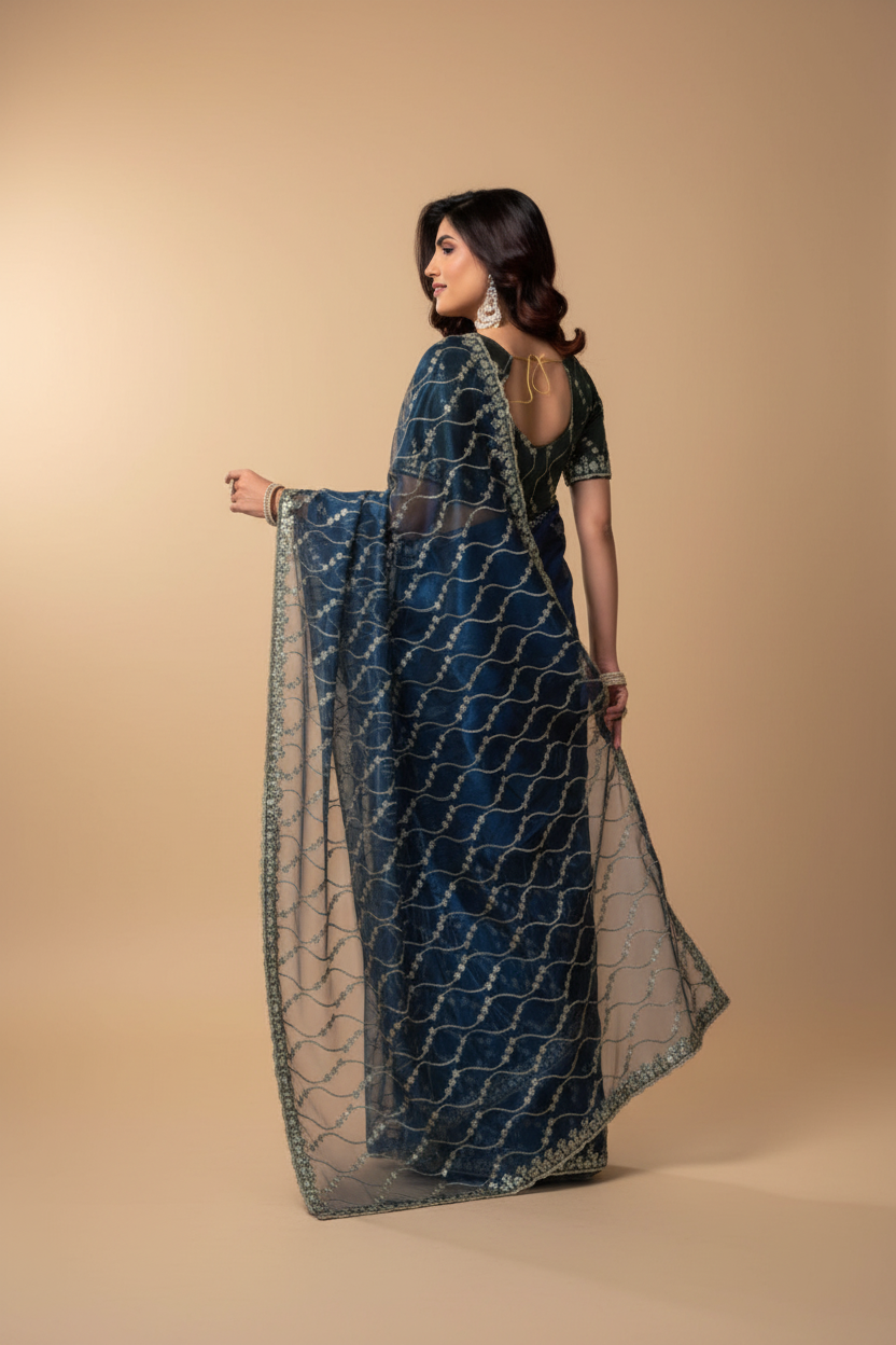 Snuggle Spot Women's Net Sequence Saree With Unstitched Blouse 5.5Mtr (Blue)
