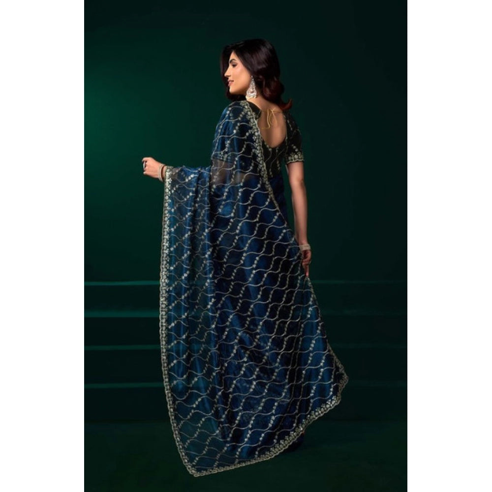 Snuggle Spot Women's Net Sequence Saree With Unstitched Blouse 5.5Mtr (Blue)