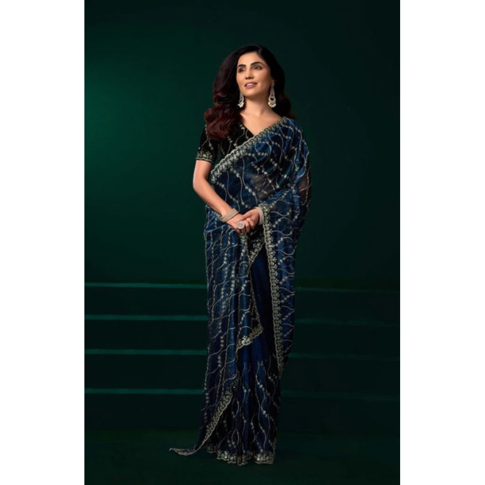 Snuggle Spot Women's Net Sequence Saree With Unstitched Blouse 5.5Mtr (Blue)