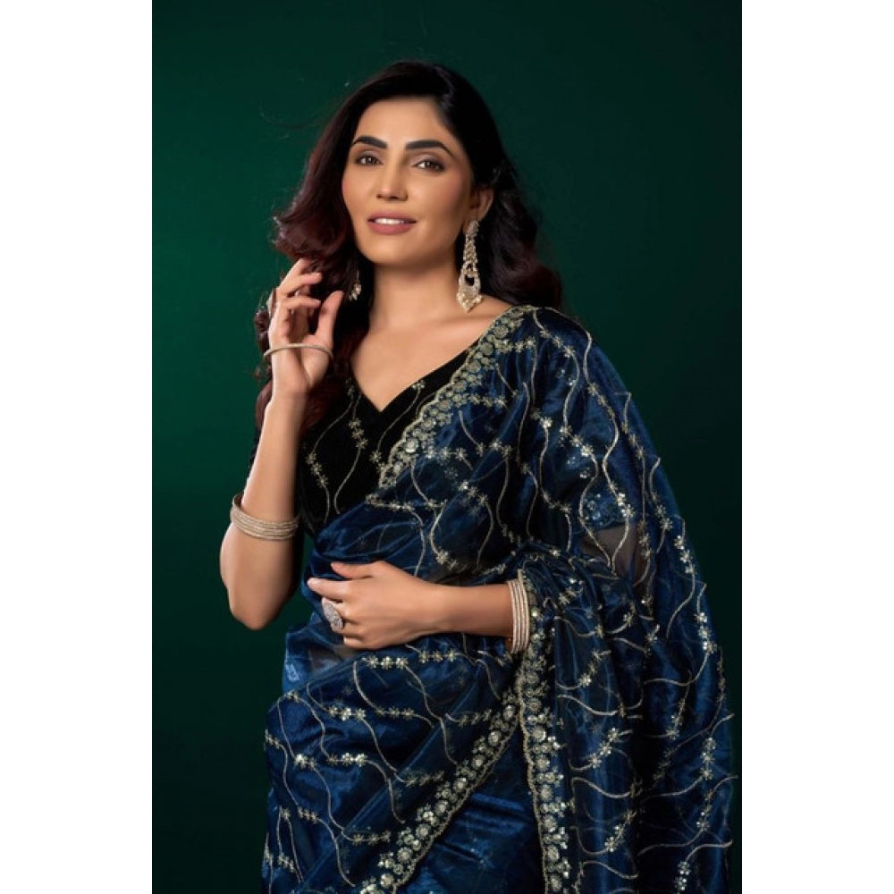 Snuggle Spot Women's Net Sequence Saree With Unstitched Blouse 5.5Mtr (Blue)