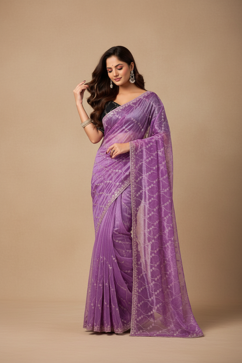 Snuggle Spot Women's Net Sequence Saree With Unstitched Blouse 5.5Mtr (Lavender)