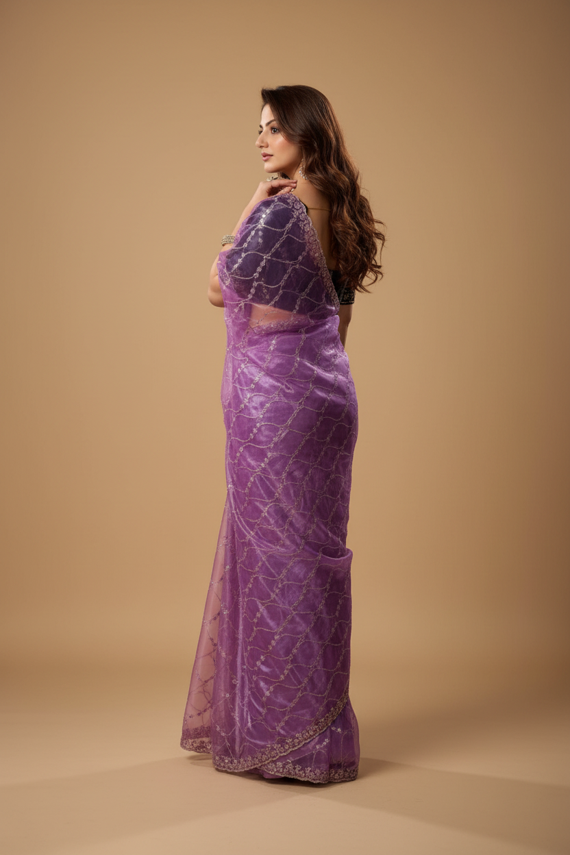 Snuggle Spot Women's Net Sequence Saree With Unstitched Blouse 5.5Mtr (Lavender)