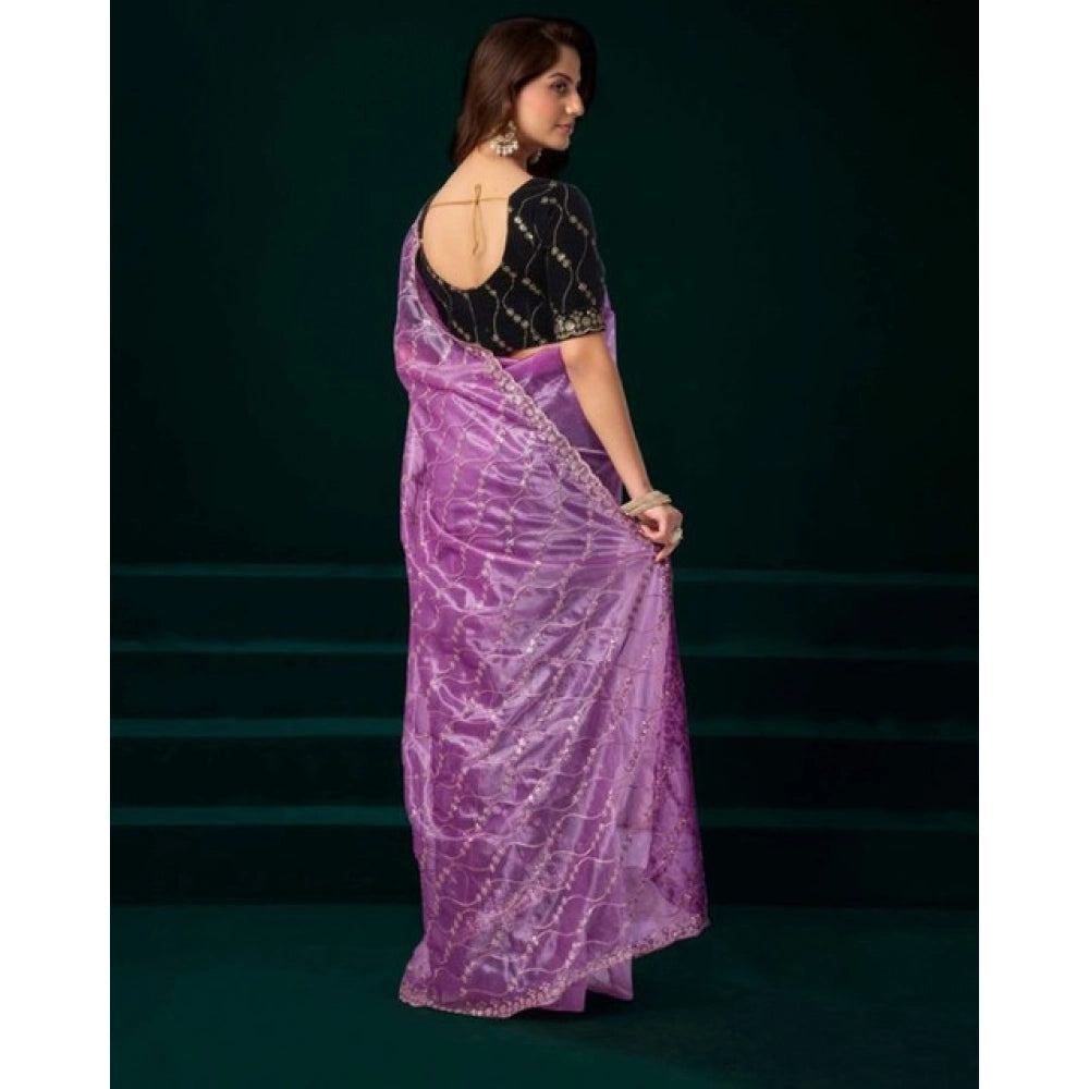 Snuggle Spot Women's Net Sequence Saree With Unstitched Blouse 5.5Mtr (Lavender)