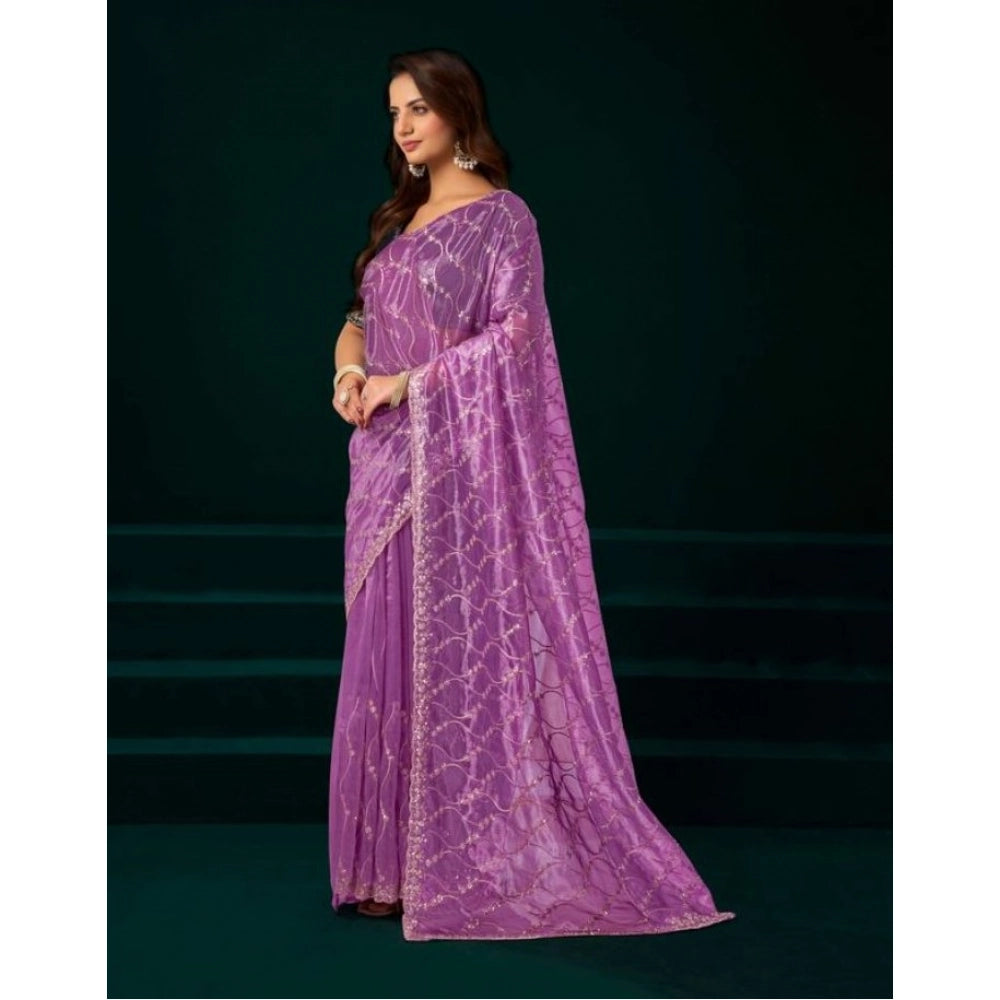 Snuggle Spot Women's Net Sequence Saree With Unstitched Blouse 5.5Mtr (Lavender)